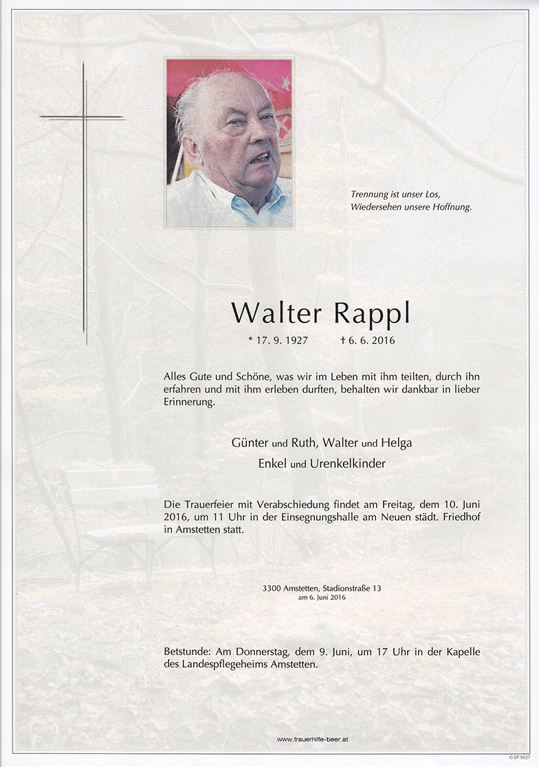 Traueranzeige von Walter Rappl