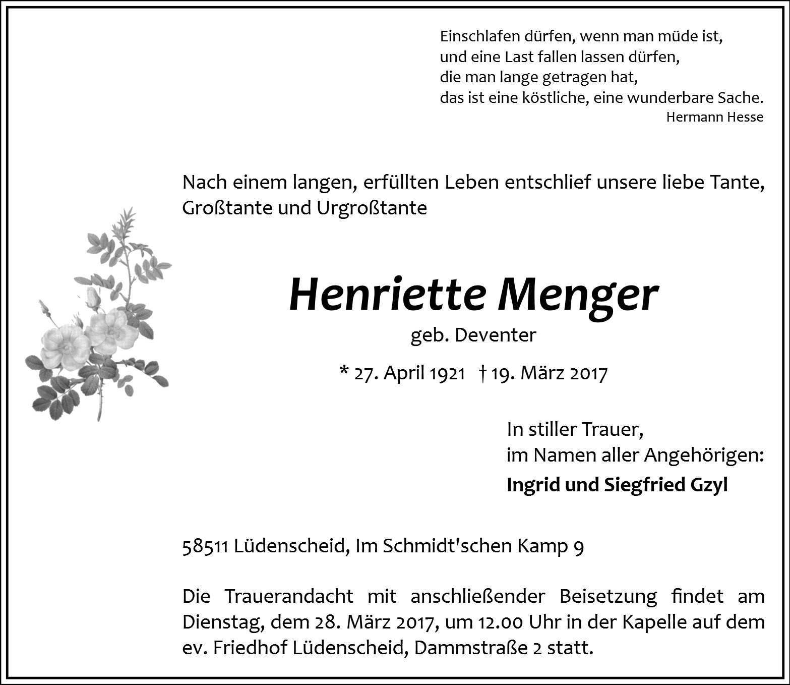 Traueranzeige von Henriette Menger