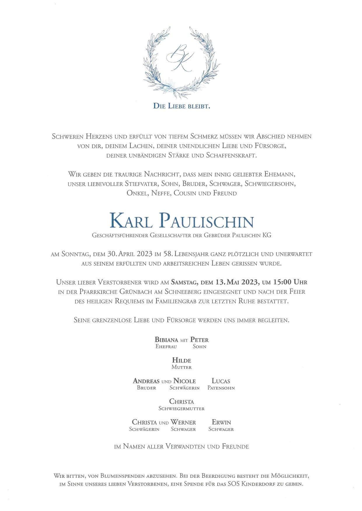 Traueranzeige von Karl Paulischin