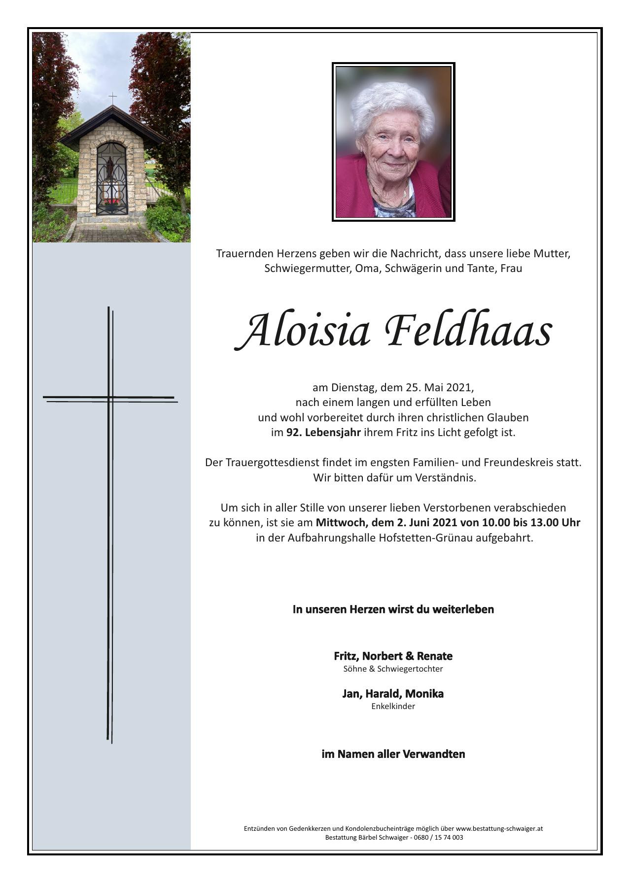 Traueranzeige von Aloisia Feldhaas