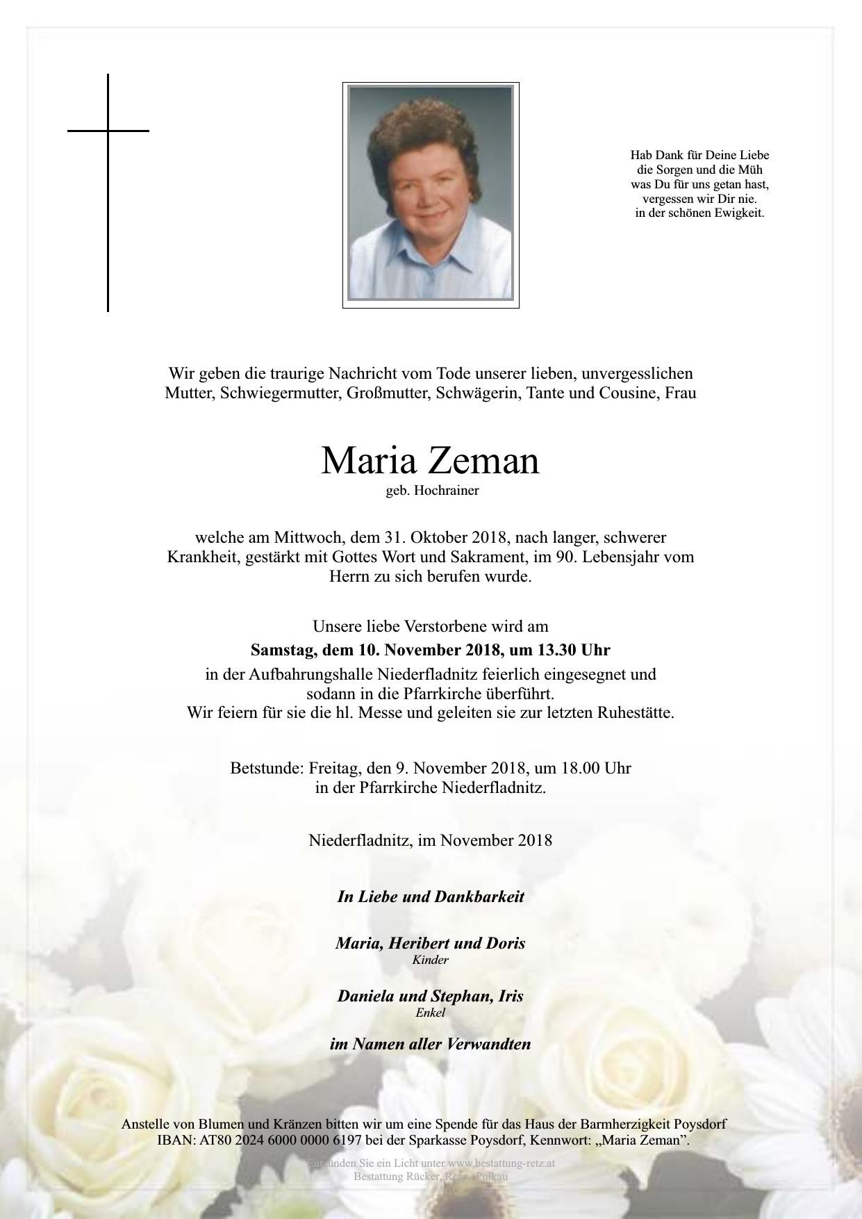 Traueranzeige von Maria Zeman