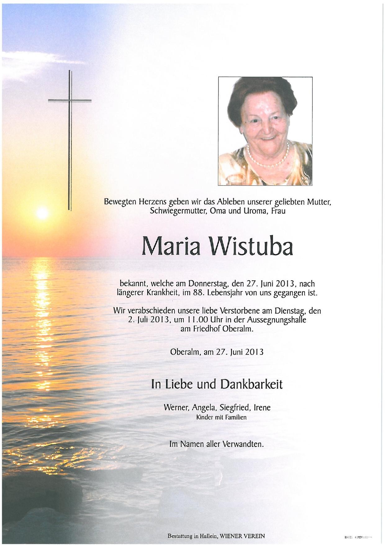 Traueranzeige von Maria Wistuba