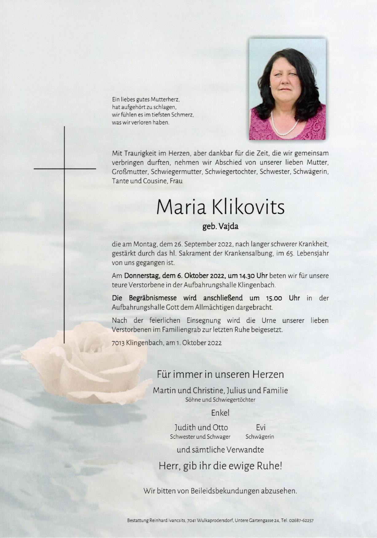 Traueranzeige von Maria Klikovits
