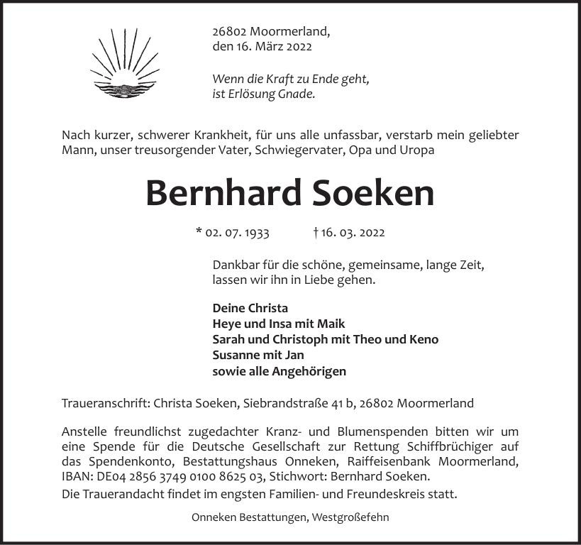 Traueranzeige von Bernhard Soeken
