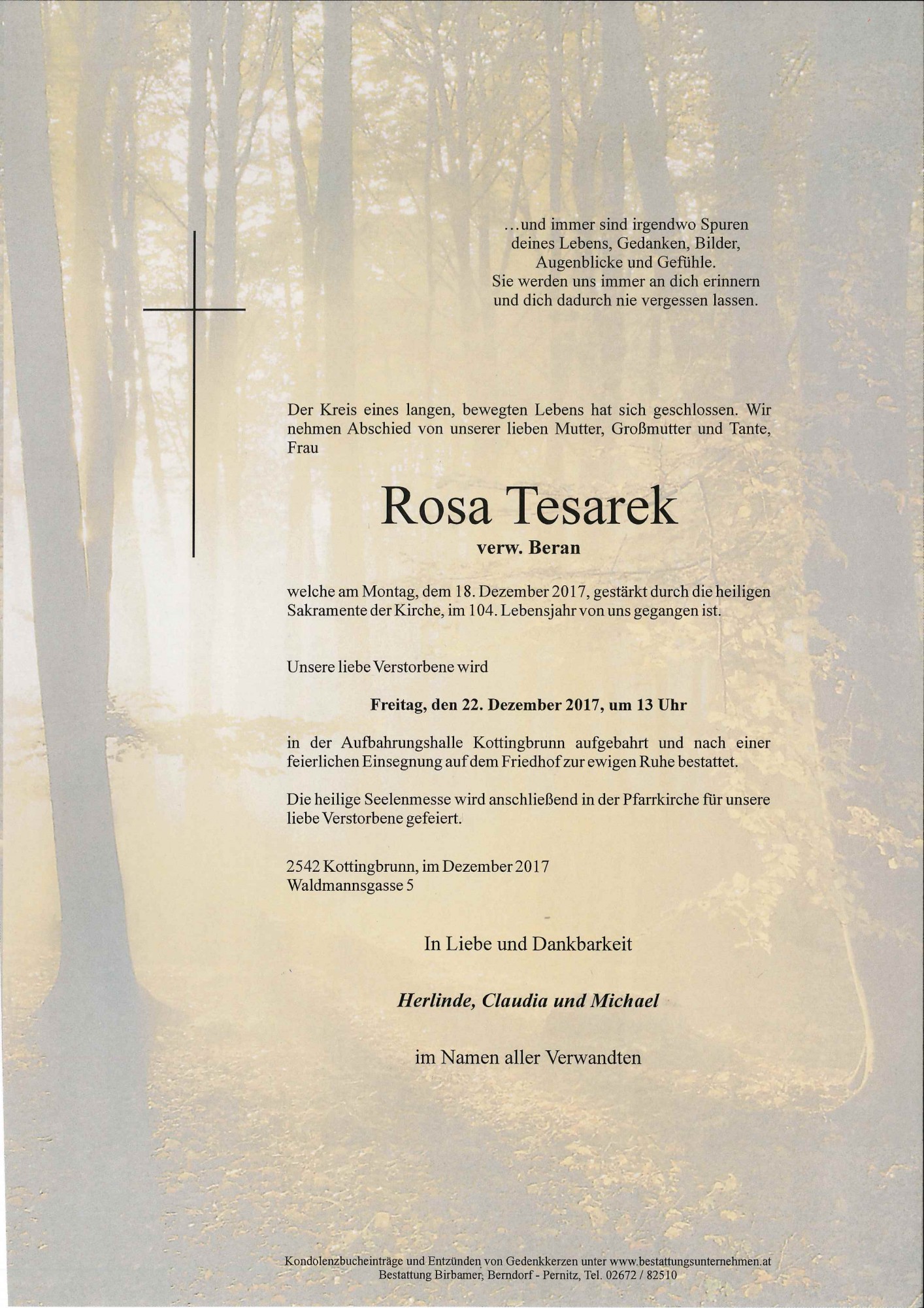 Traueranzeige von Rosa Tesarek
