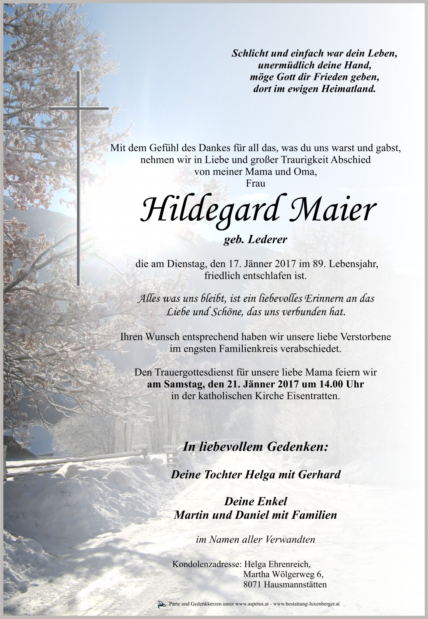 Traueranzeige von Hildegard Maier