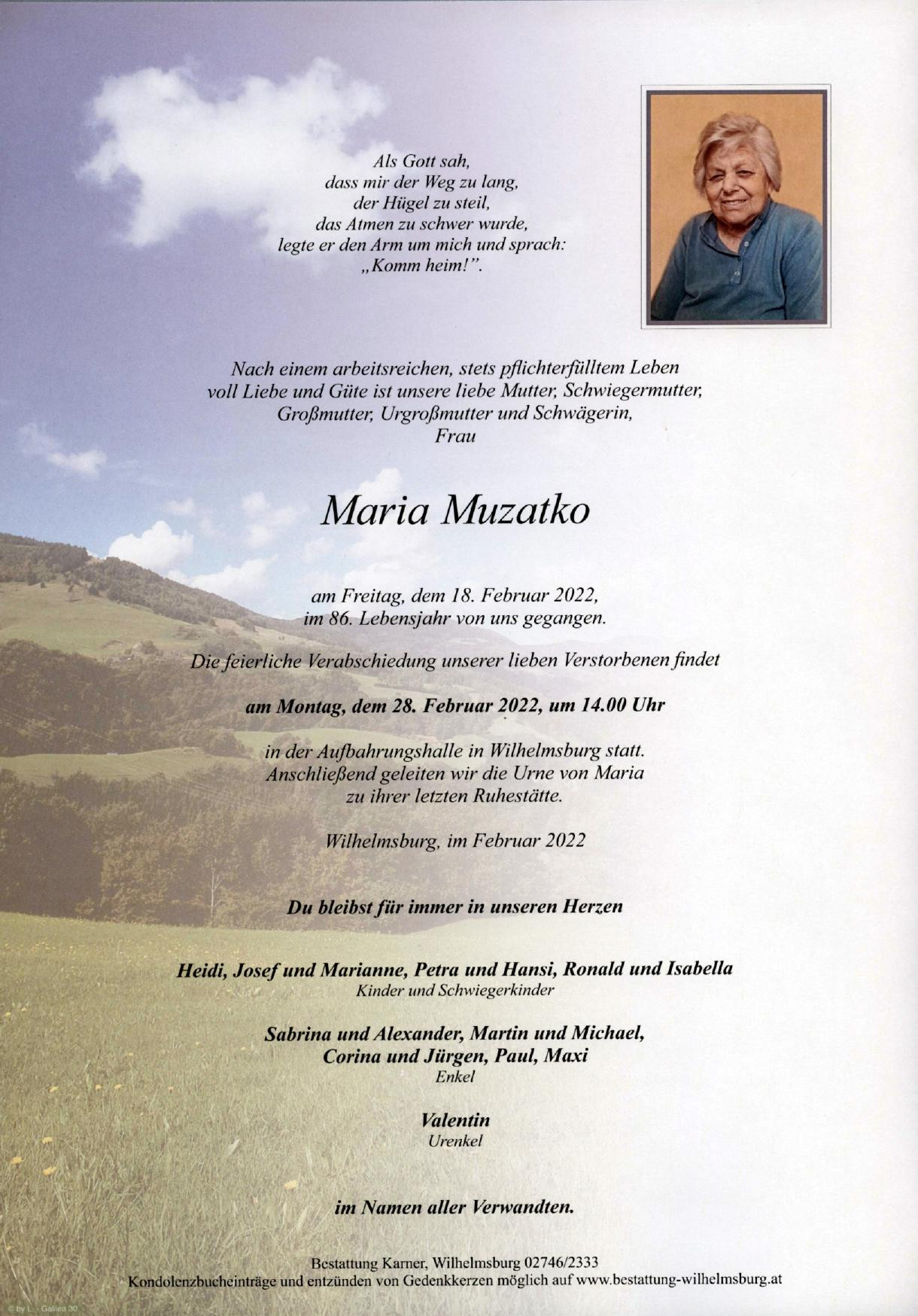 Traueranzeige von Maria Muzatko