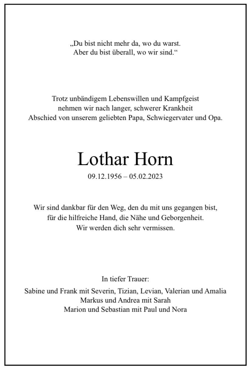 Traueranzeige von Lothar Horn