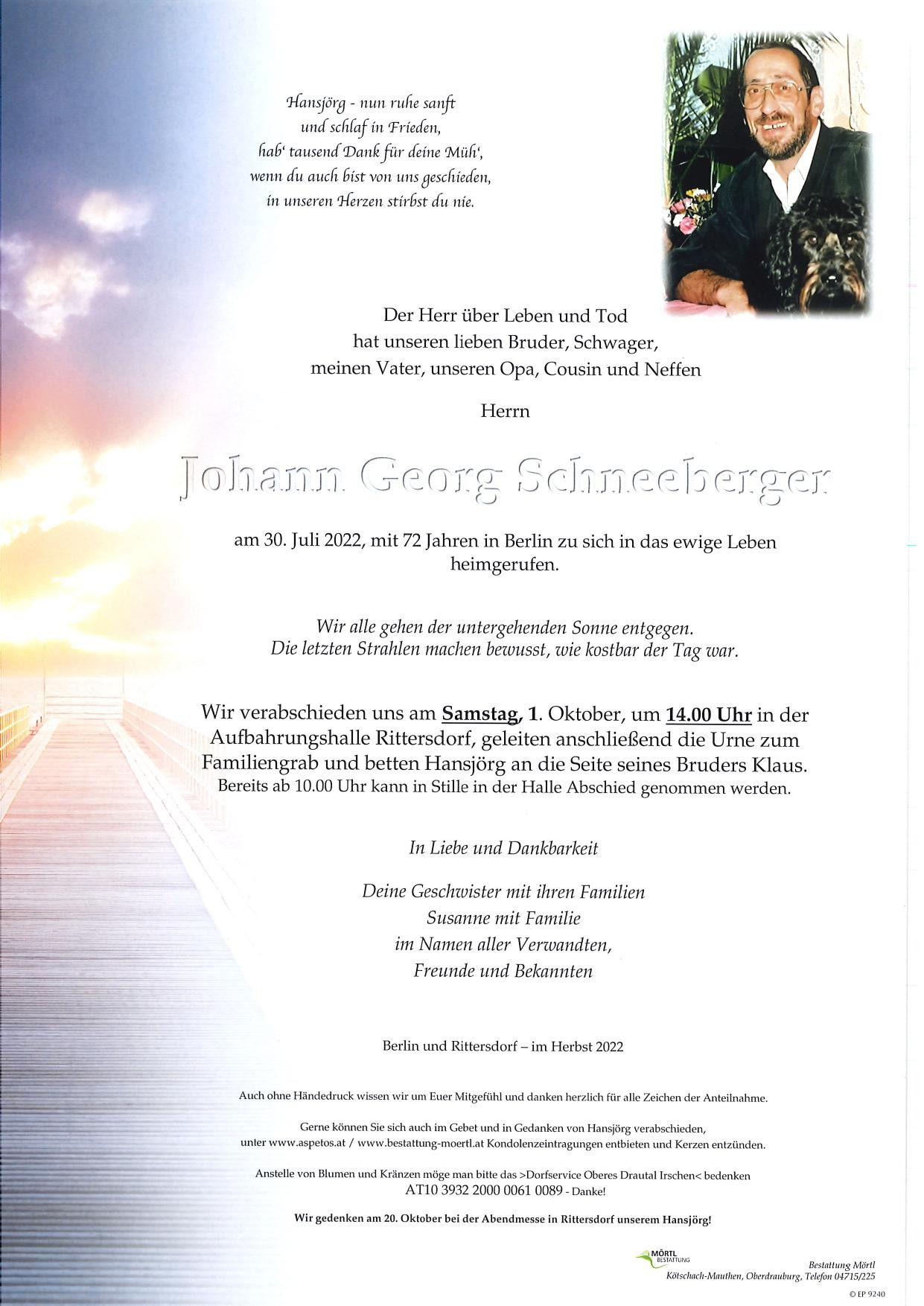 Traueranzeige von Johann Georg Schneeberger