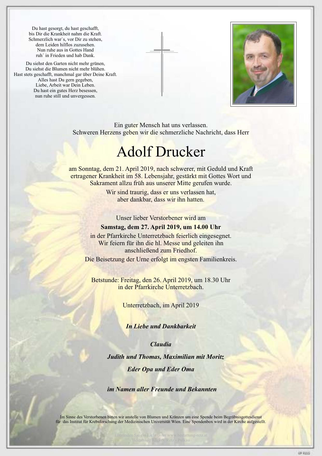 Traueranzeige von Adolf Drucker