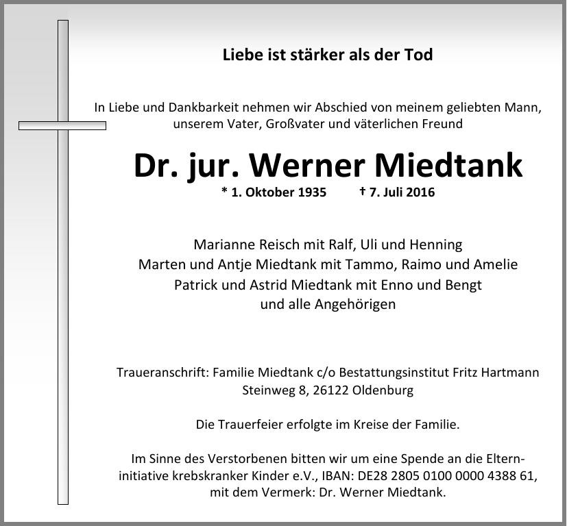 Traueranzeige von Dr.jur. Werner Miedtank