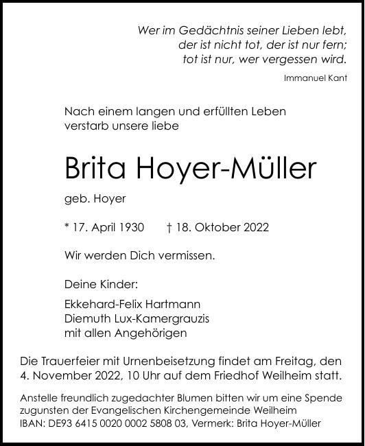 Traueranzeige von Brita Hoyer-Müller