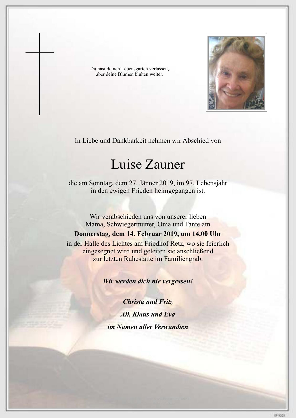 Traueranzeige von Luise Zauner