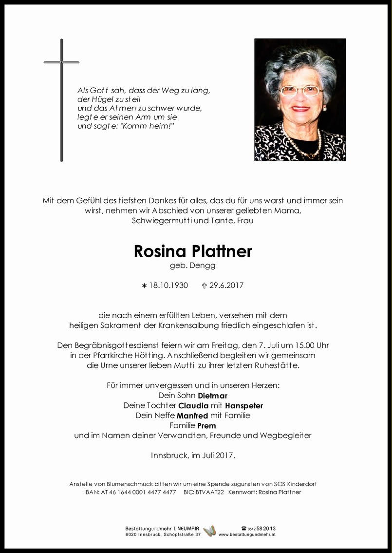 Traueranzeige von Rosina Plattner