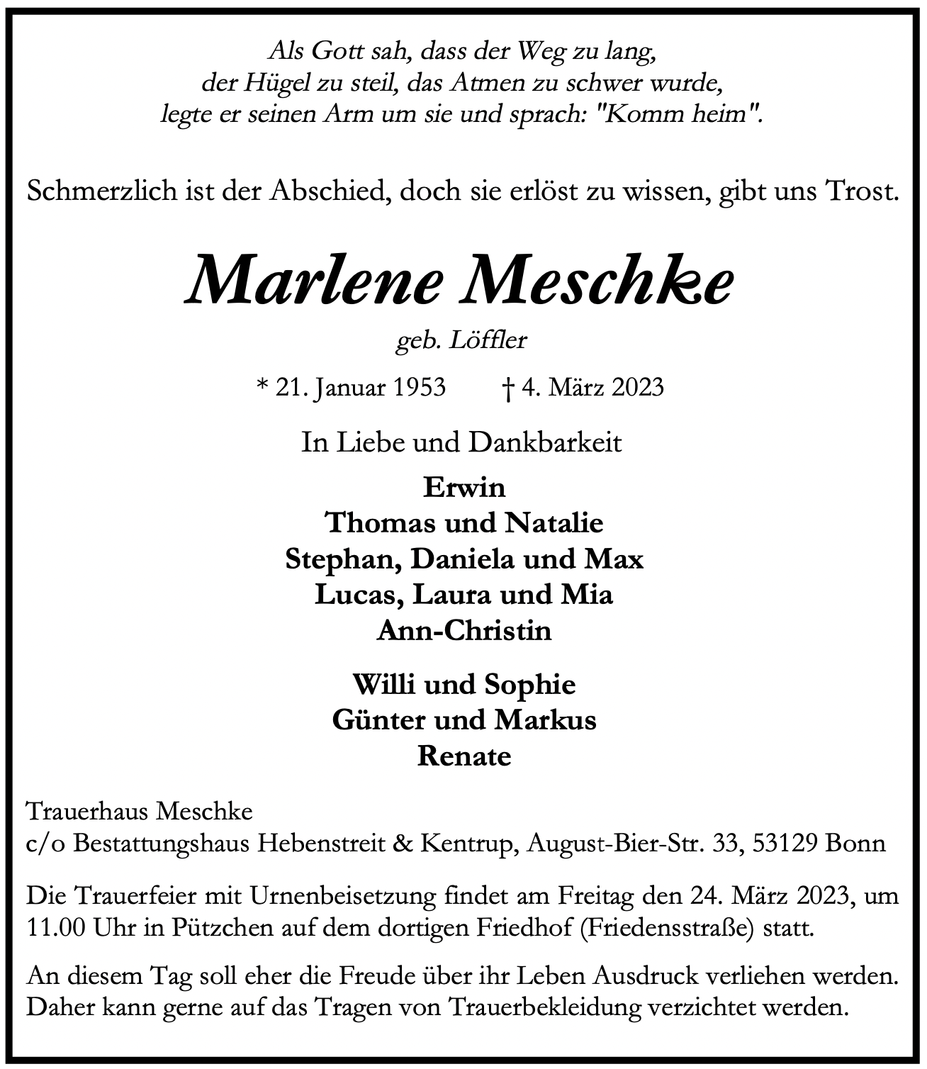 Traueranzeige von Marlene Meschke