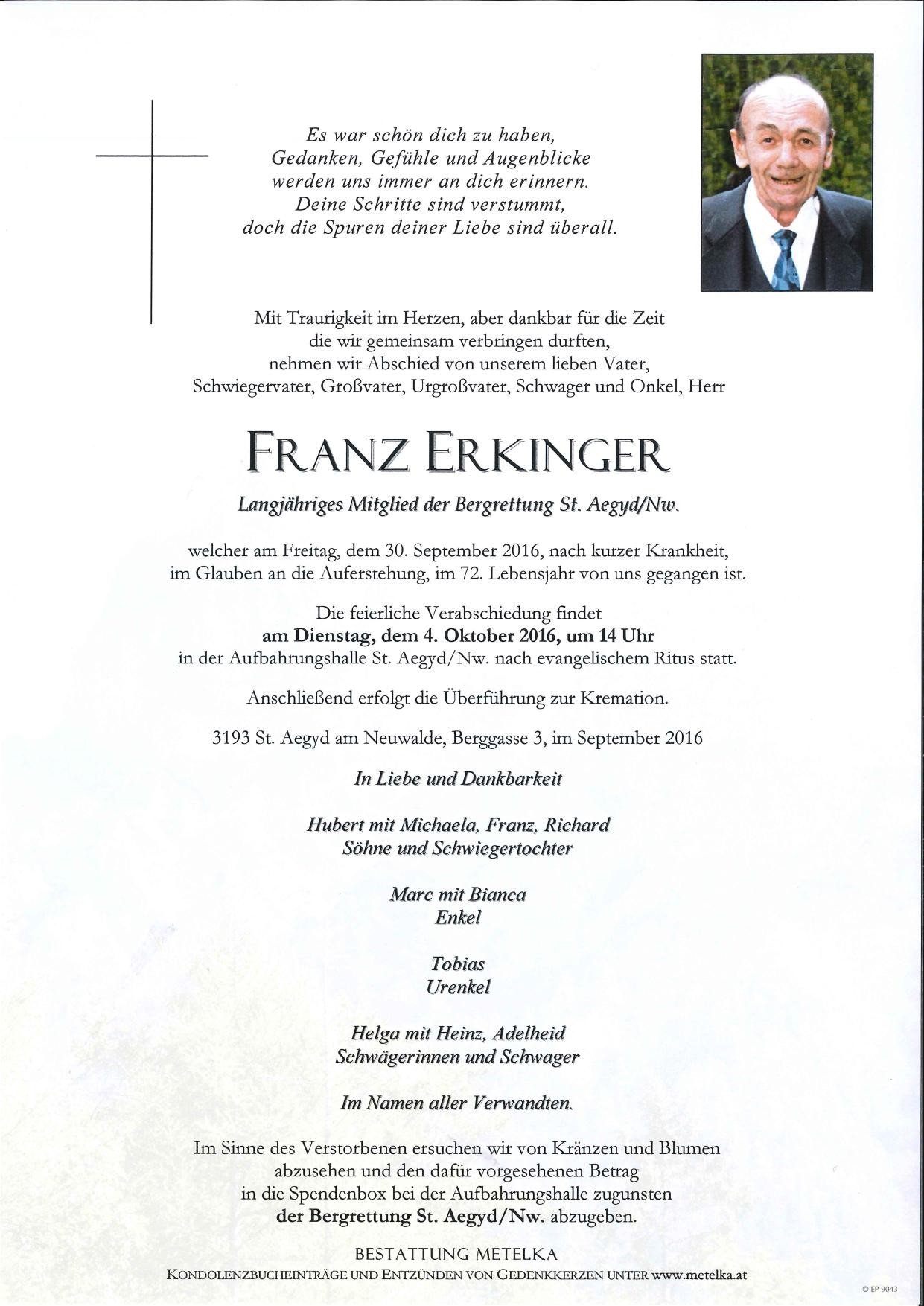 Traueranzeige von Franz Erkinger