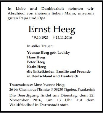 Traueranzeige von Ernst Heeg