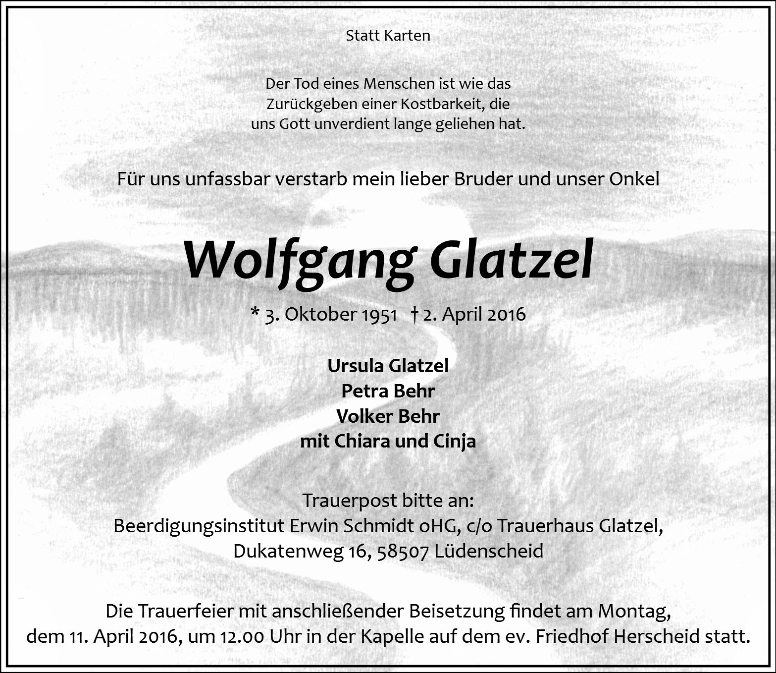 Traueranzeige von Wolfgang Glatzel