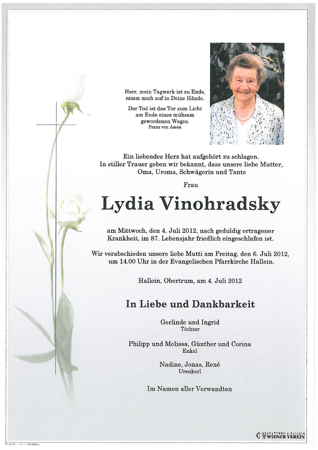Traueranzeige von Lydia Vinohradsky