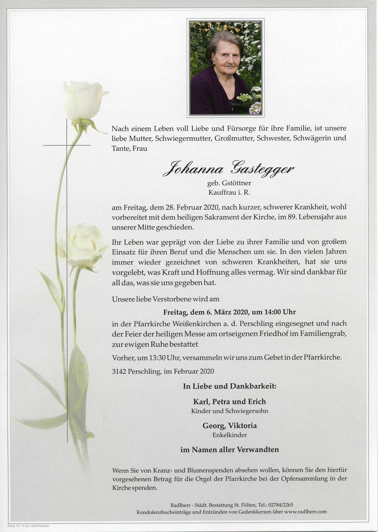 Traueranzeige von Johanna Gastegger