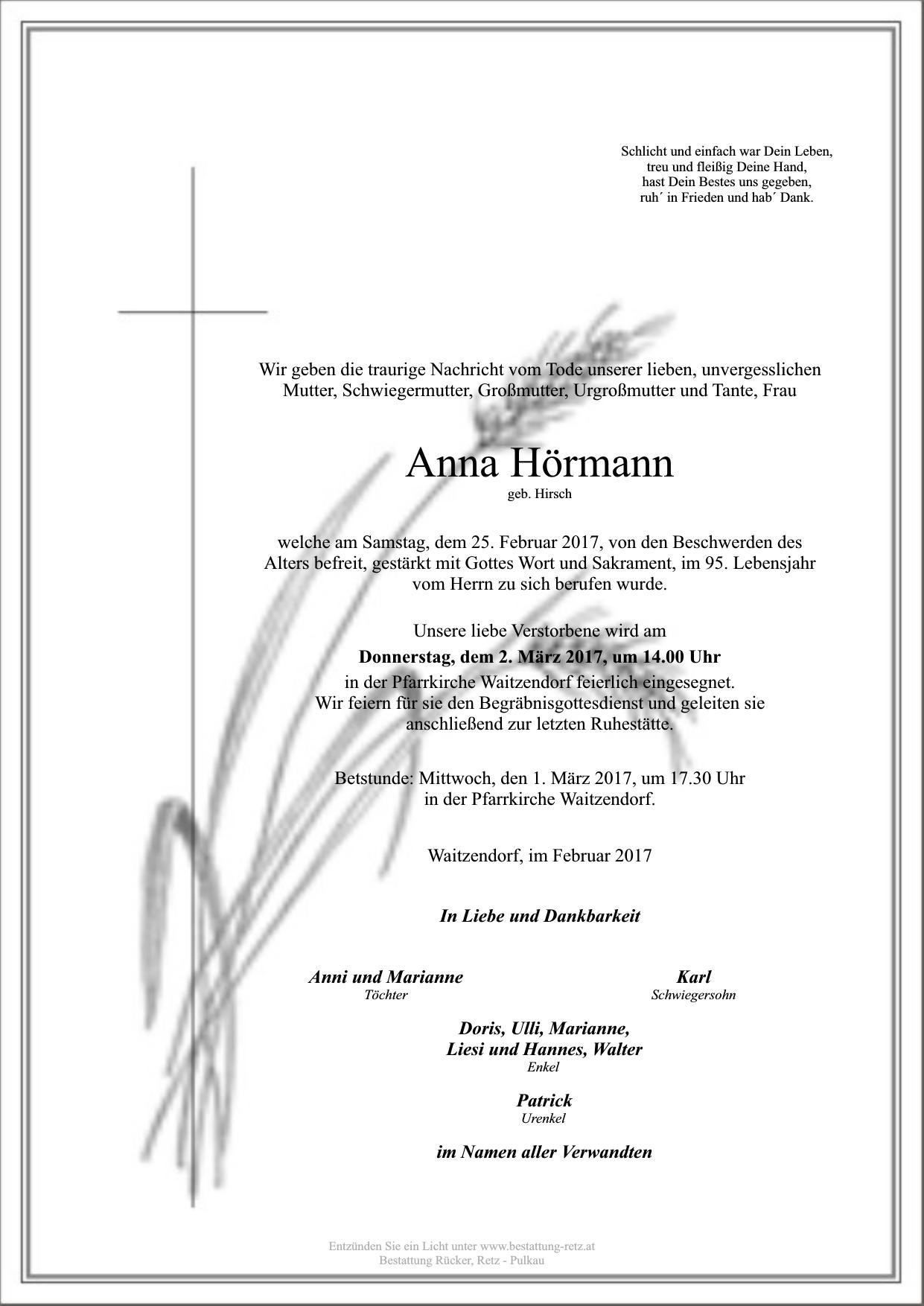 Traueranzeige von Anna Hörmann