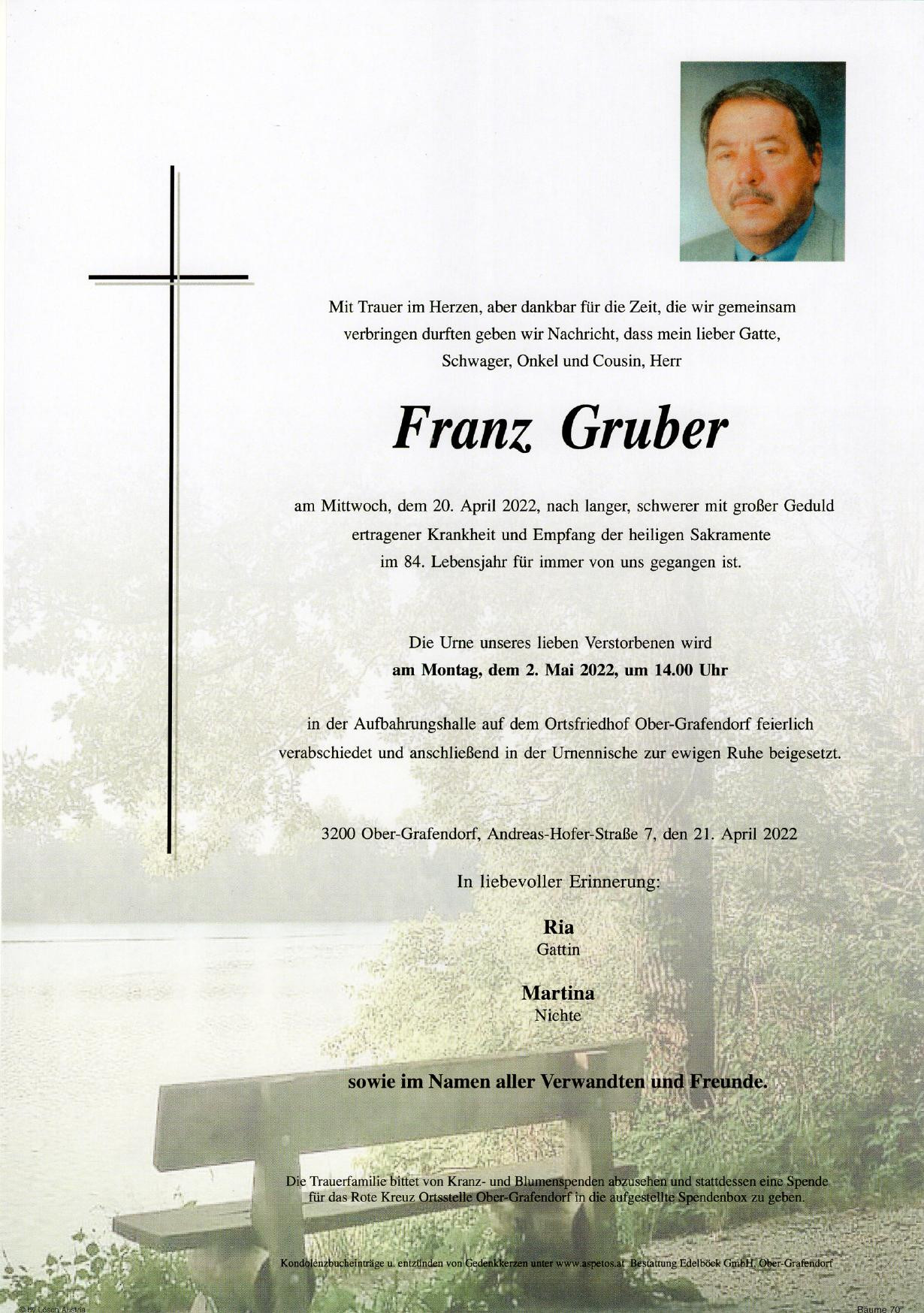 Traueranzeige von Franz Gruber