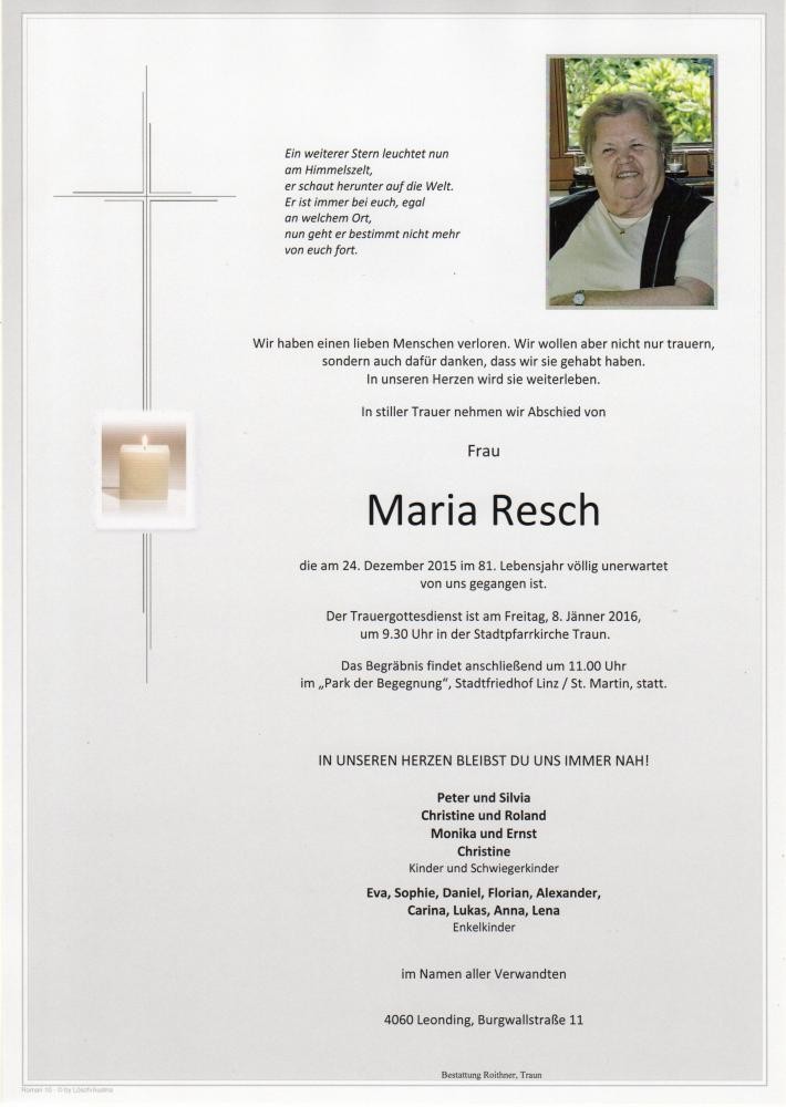 Traueranzeige von Maria Resch