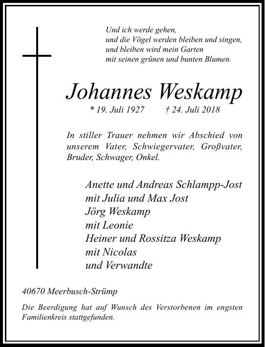 Traueranzeige von Johannes Weskamp