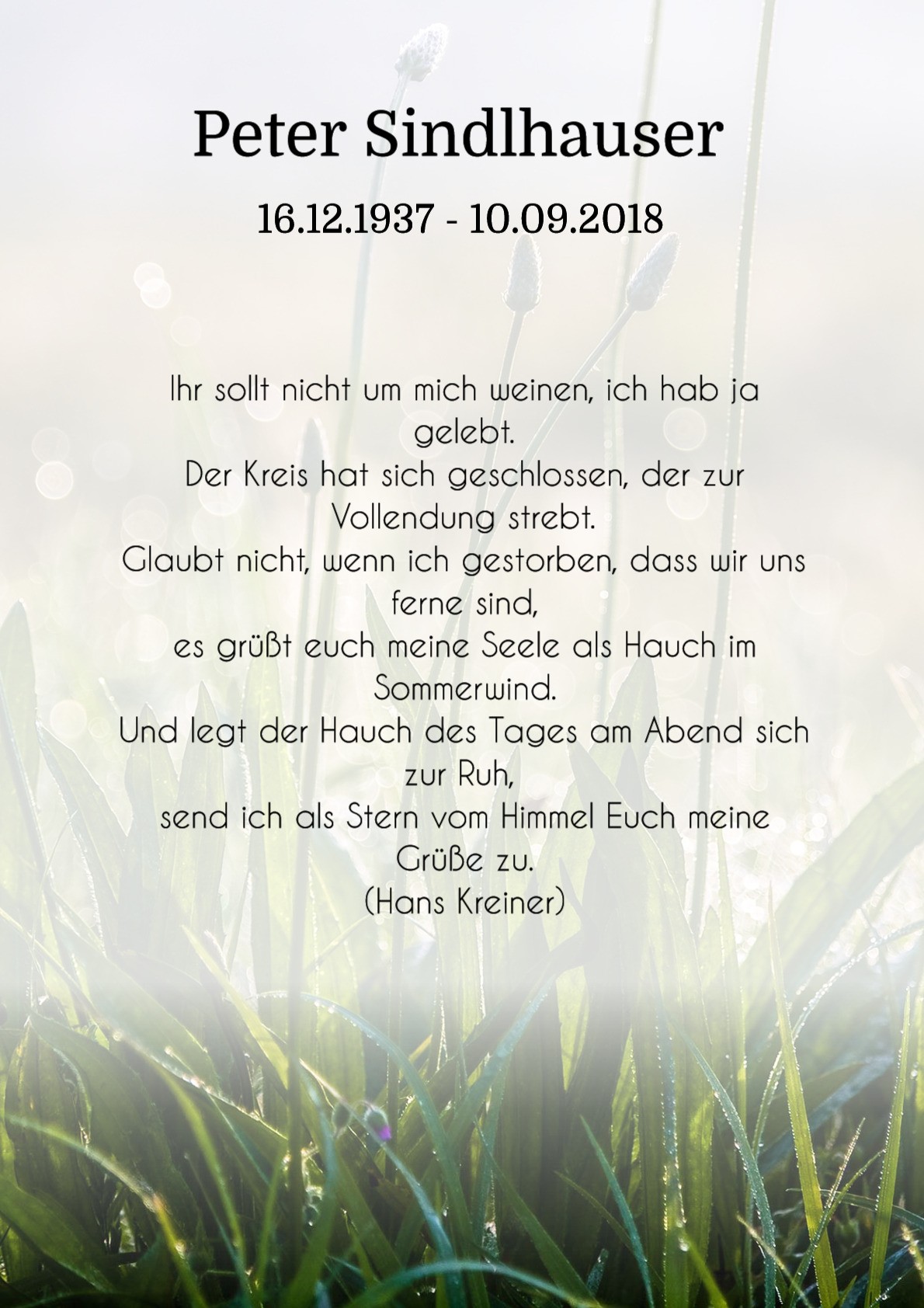 Traueranzeige von Peter Sindlhauser