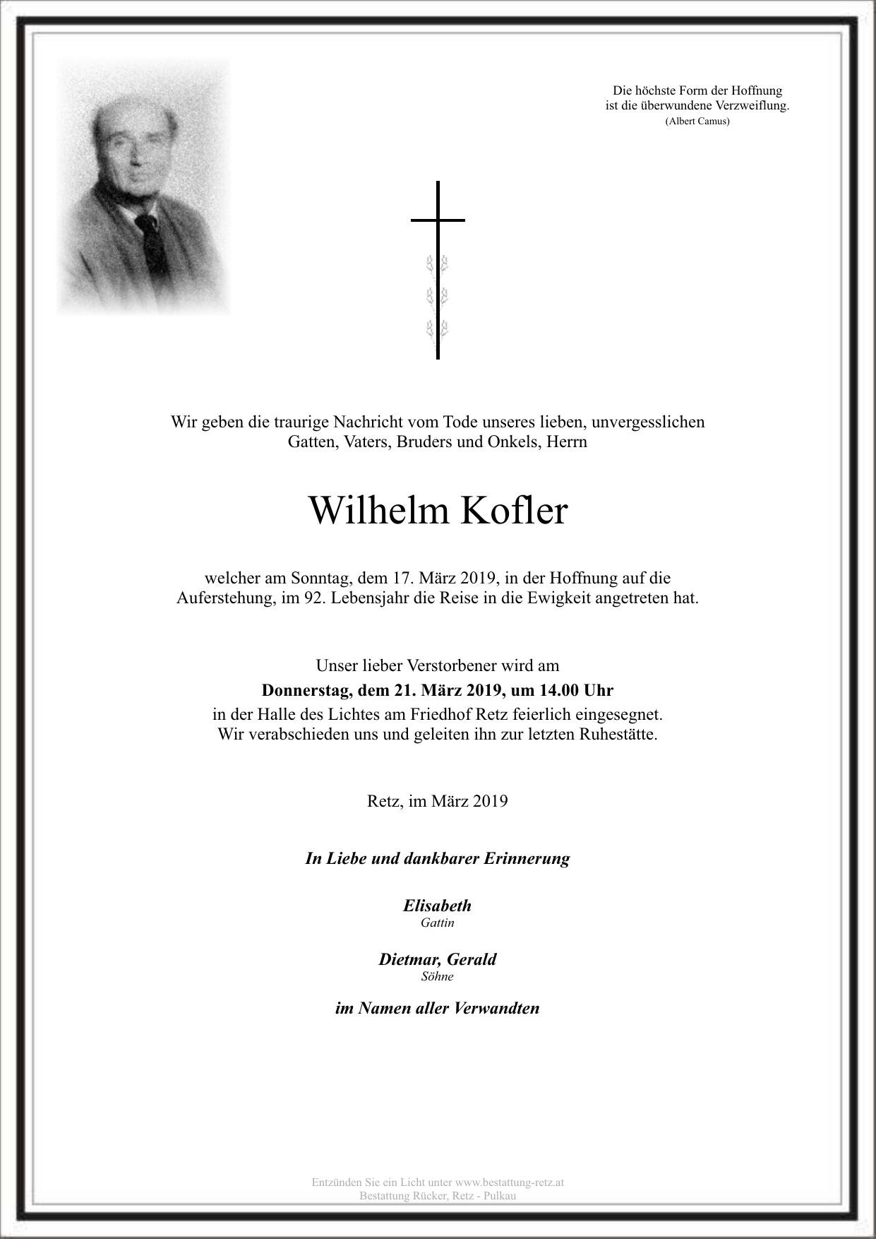 Traueranzeige von Wilhelm Kofler