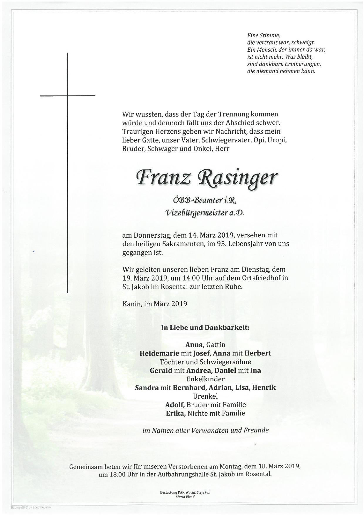 Traueranzeige von Franz Rasinger