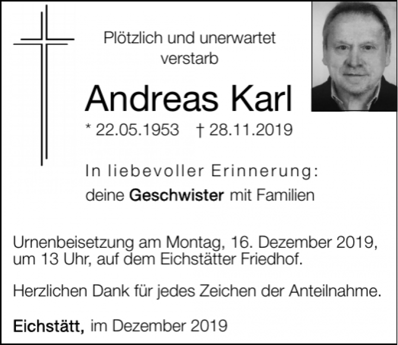 Traueranzeige von Andreas Karl