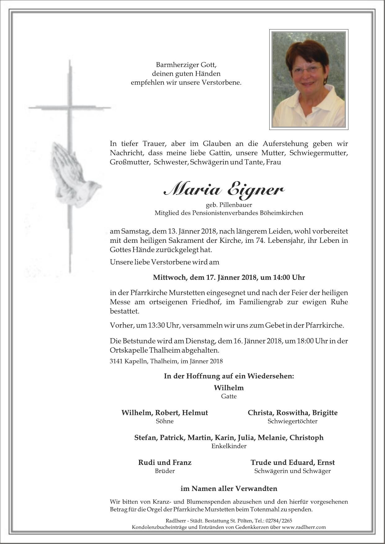 Traueranzeige von Maria Eigner