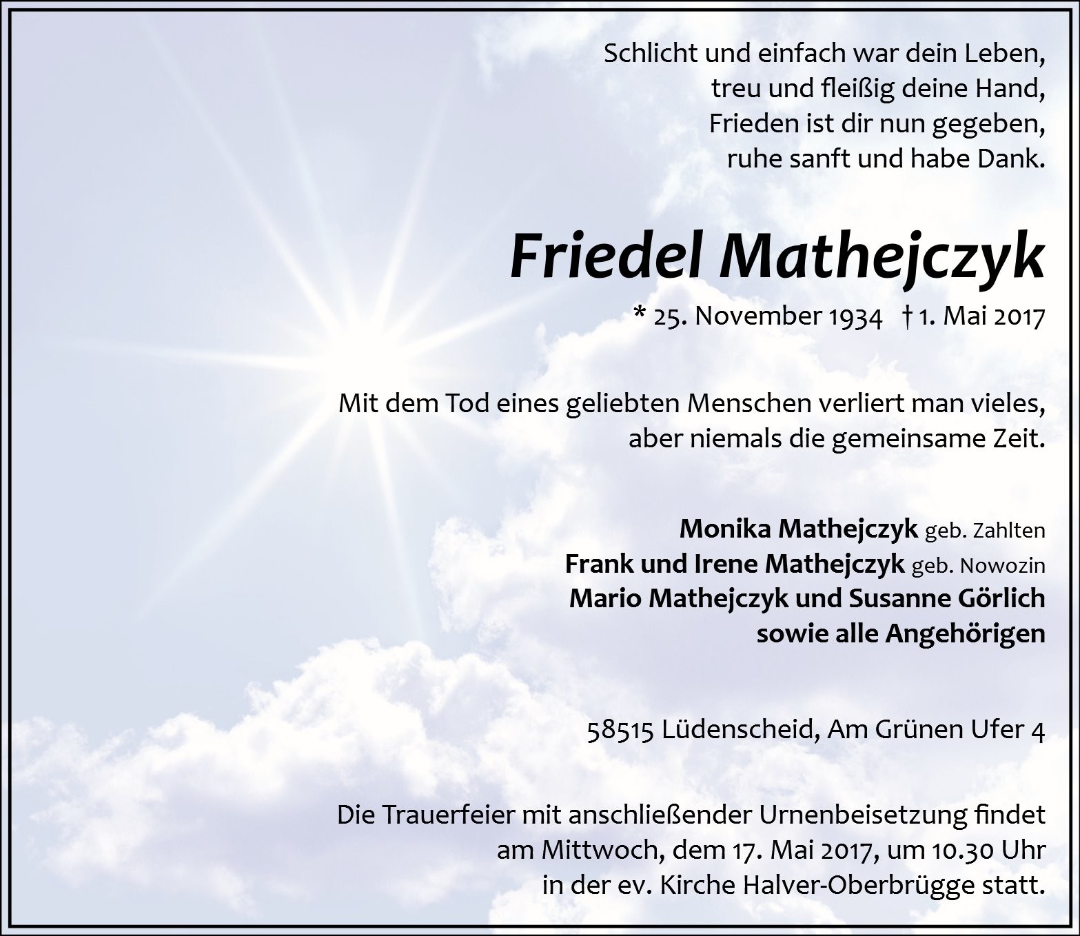 Traueranzeige von Friedel Mathejczyk