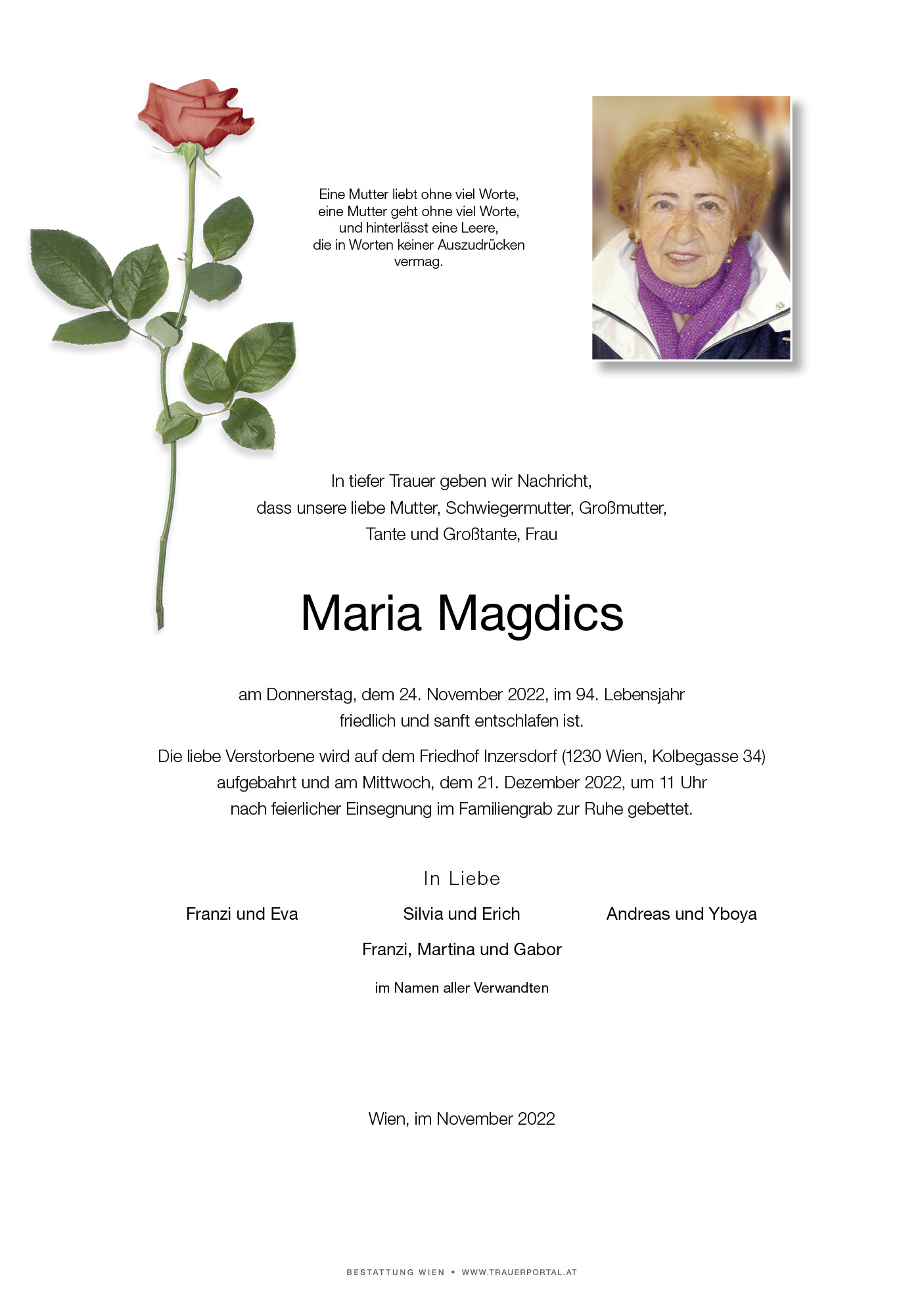Traueranzeige von Maria Magdics
