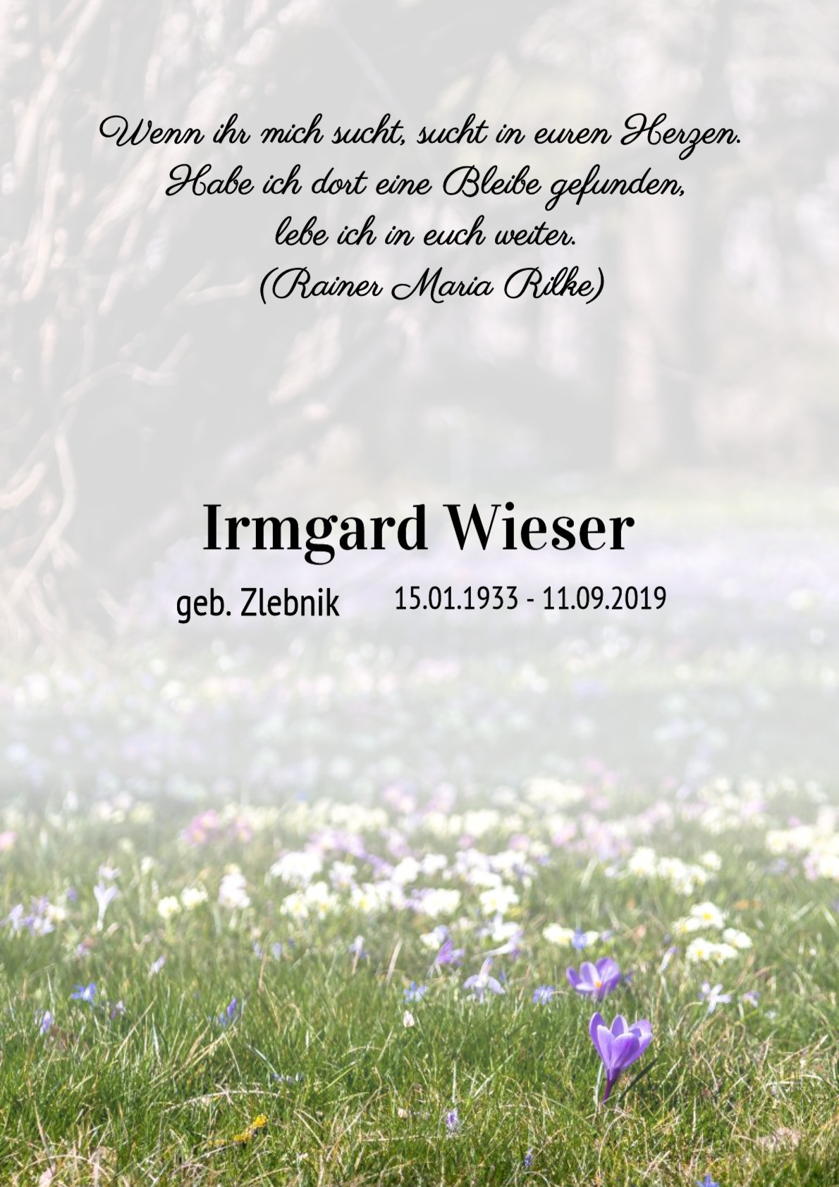 Traueranzeige von Irmgard Wieser