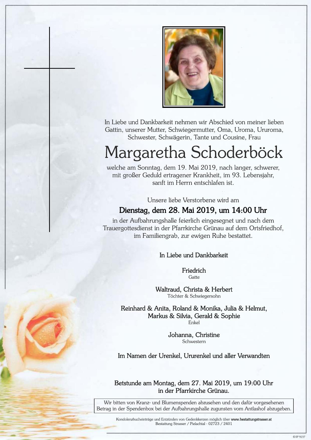 Traueranzeige von Margaretha Schoderböck