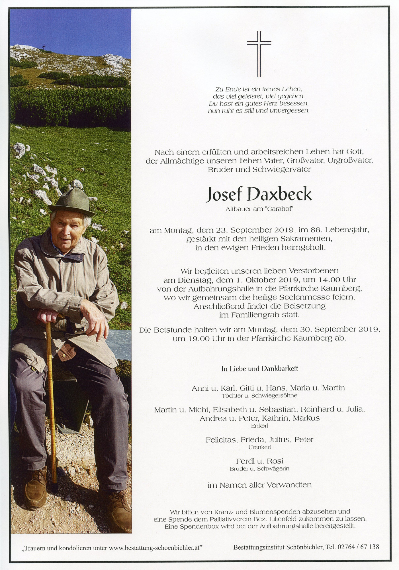 Traueranzeige von Josef Daxbeck