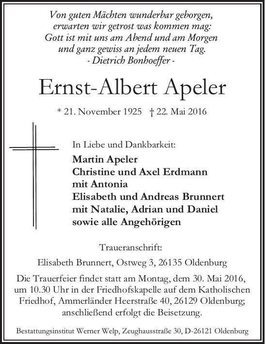 Traueranzeige von Ernst - Albert Apeler