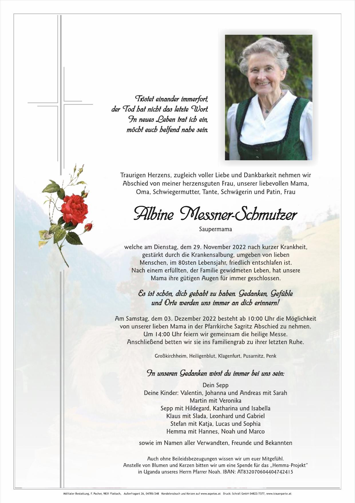 Traueranzeige von Albine Messner-Schmutzer