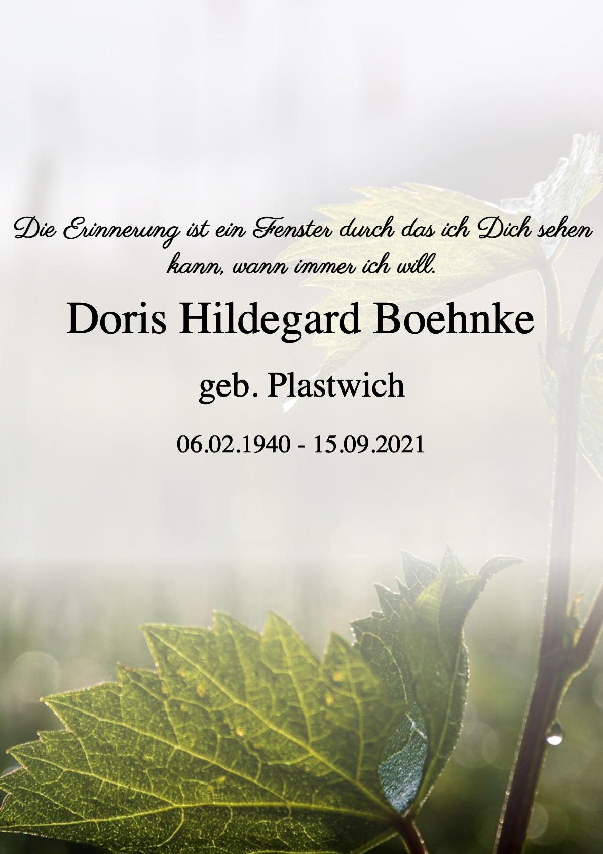 Traueranzeige von Doris Hildegard Boehnke