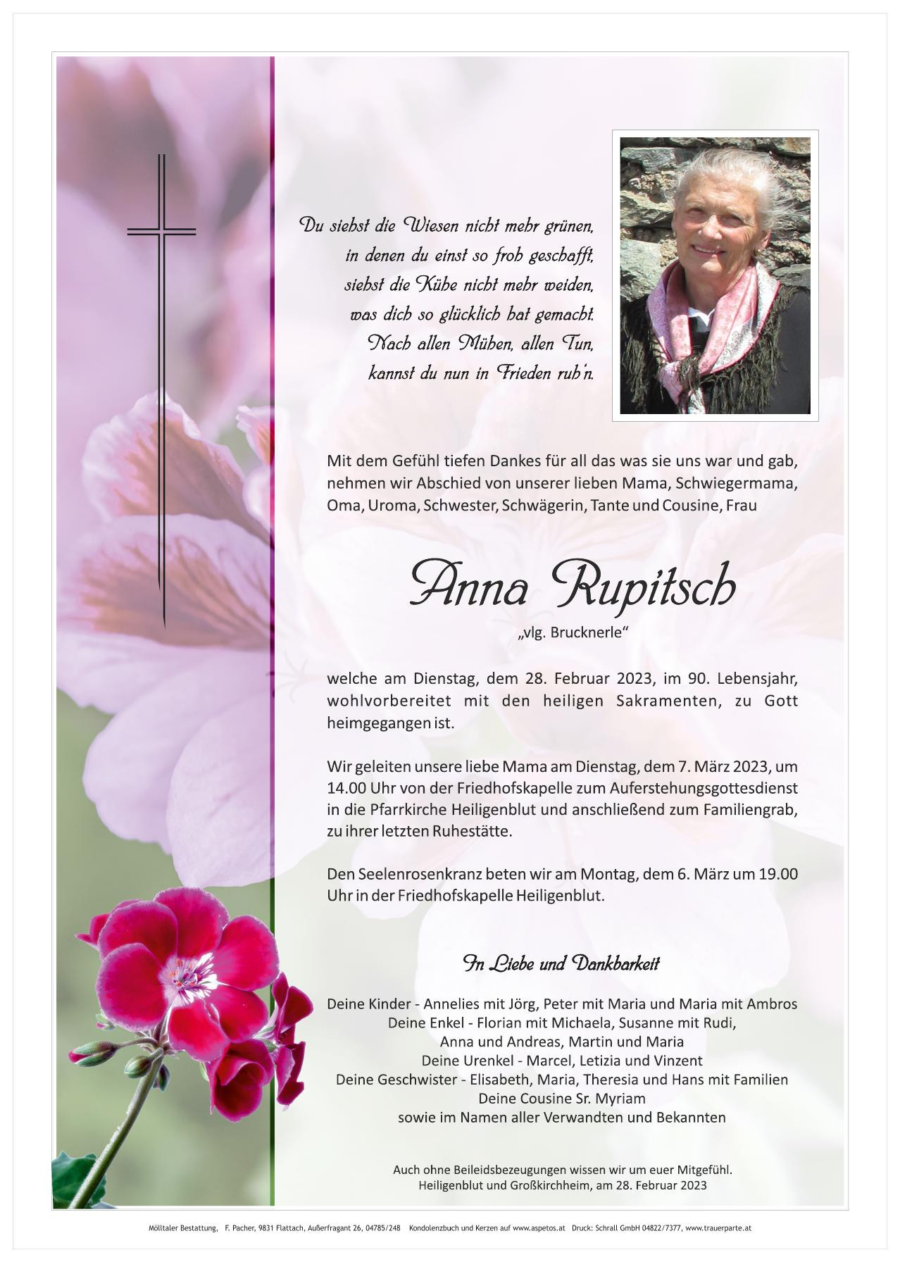 Traueranzeige von Anna Rupitsch
