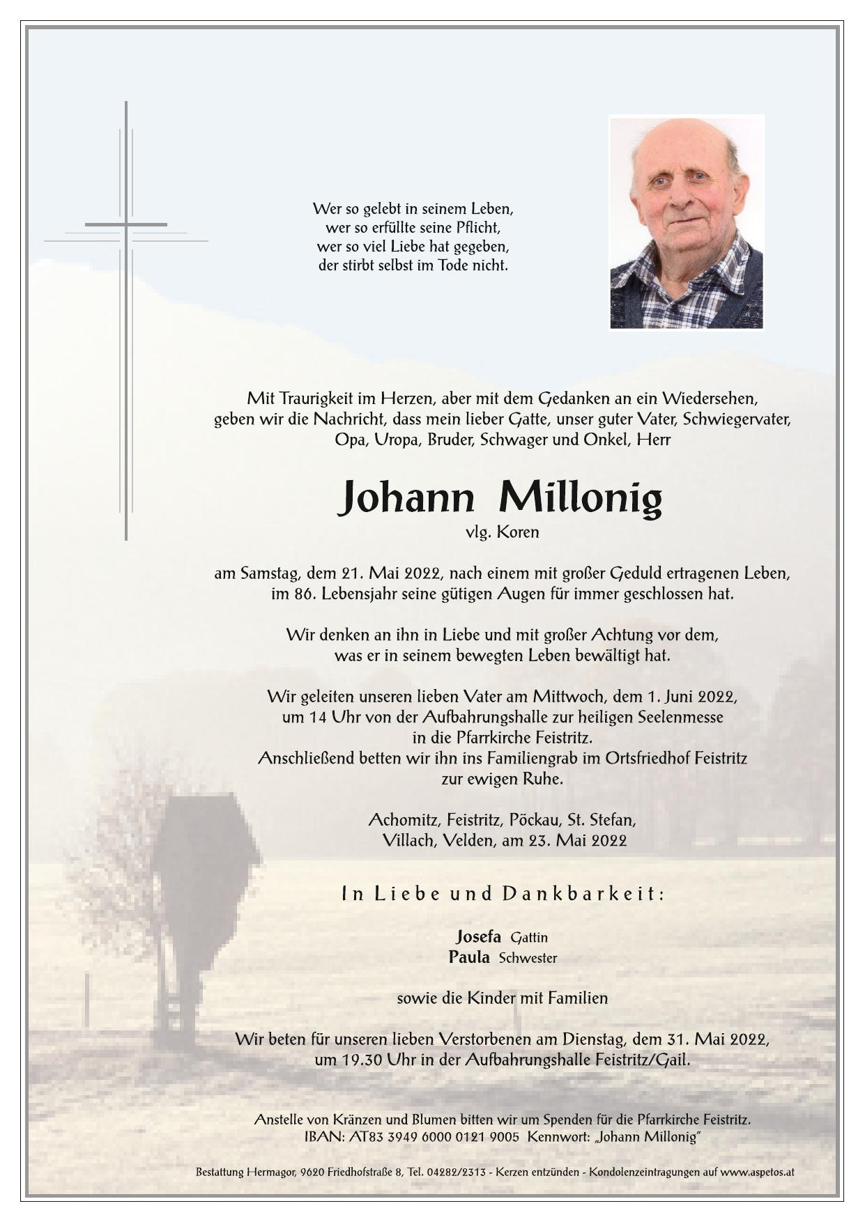 Traueranzeige von Johann Millonig
