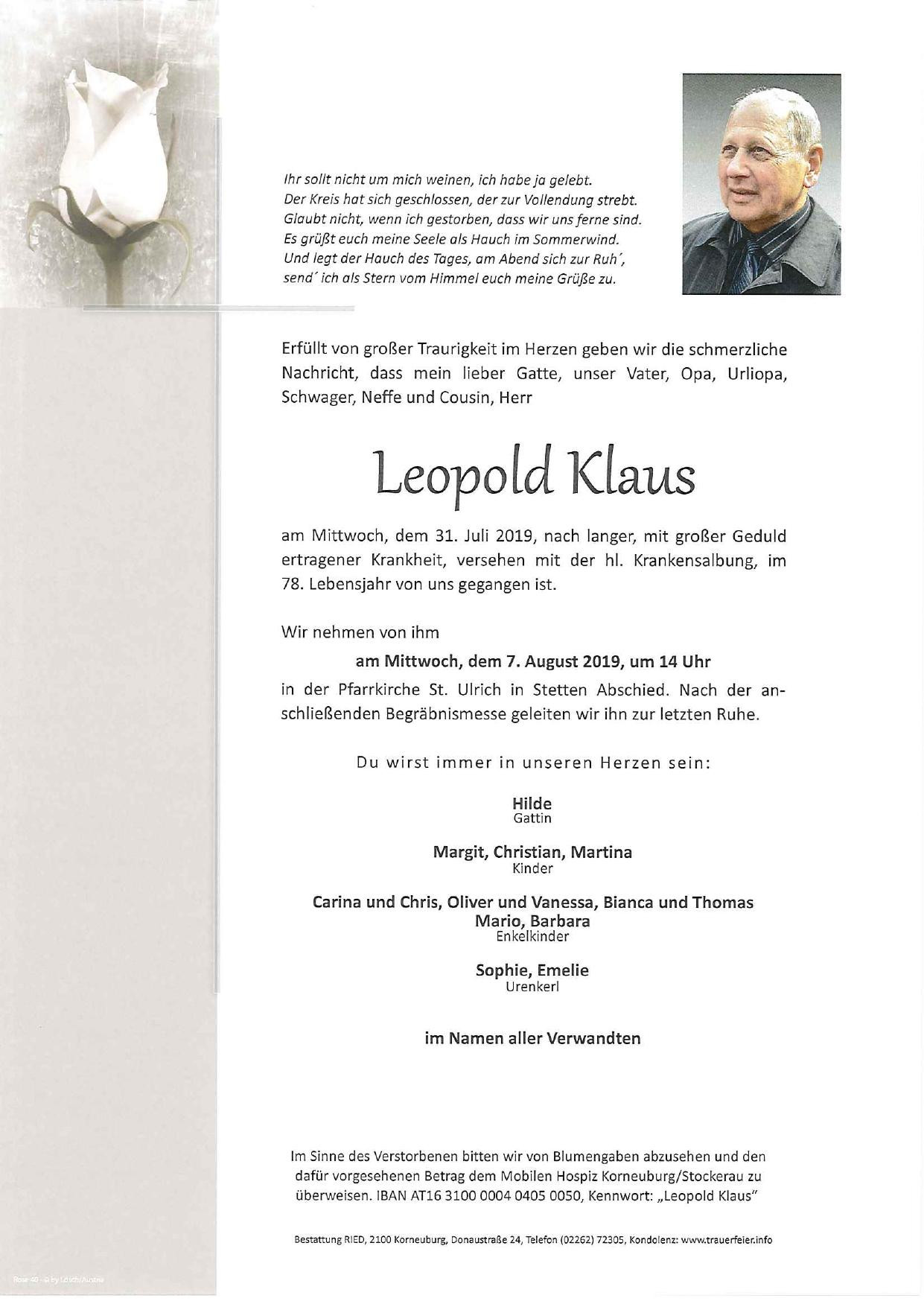 Traueranzeige von Leopold Klaus