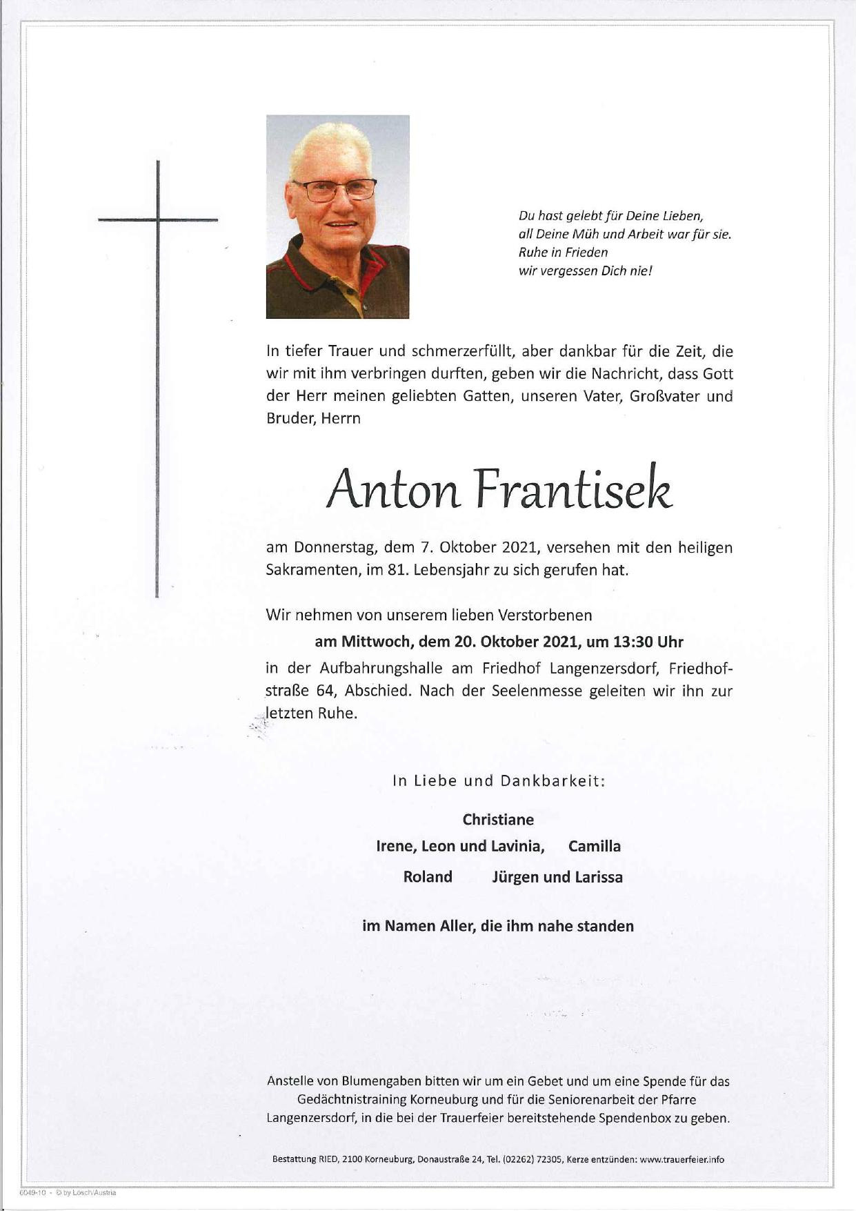 Traueranzeige von Anton Frantisek