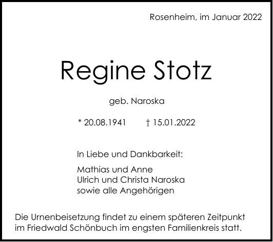 Traueranzeige von Regine Stotz