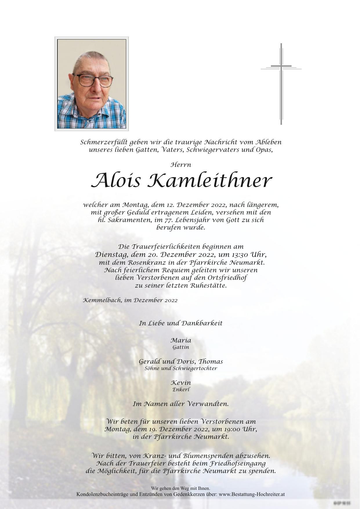 Traueranzeige von Alois Kamleithner