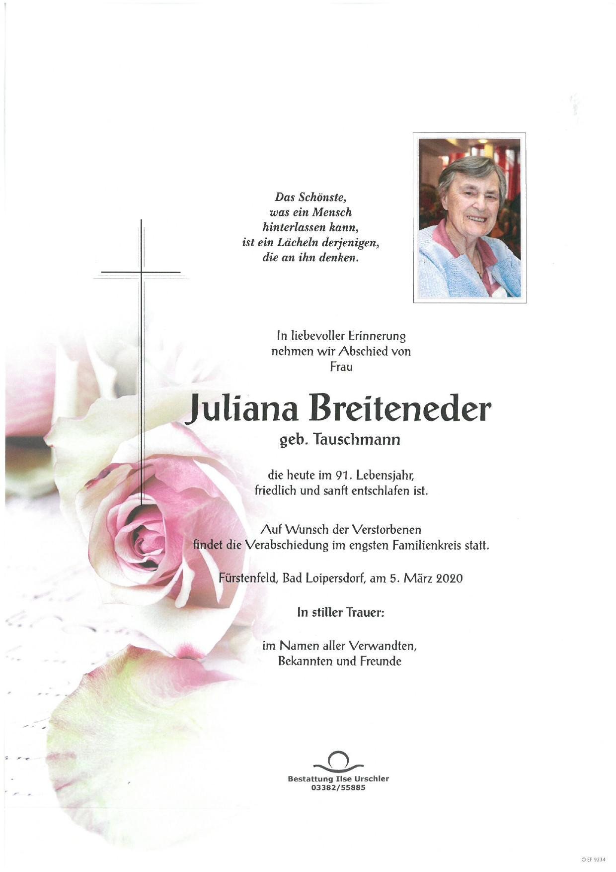 Traueranzeige von Juliana Breiteneder