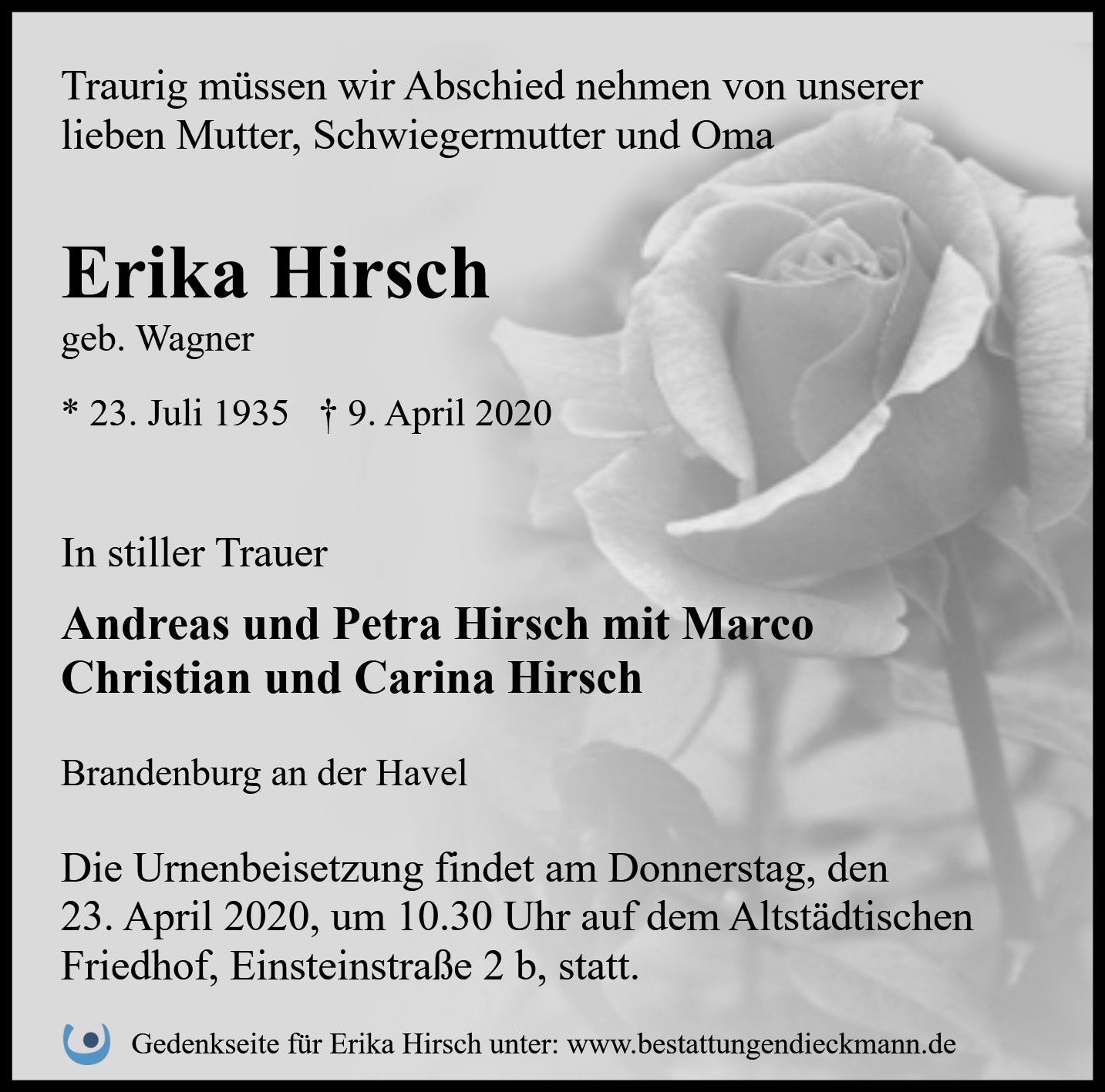 Traueranzeige von Erika Hirsch