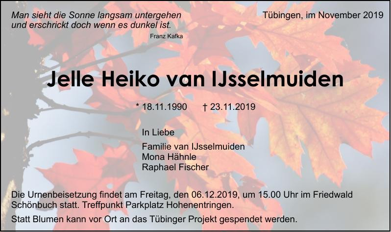 Traueranzeige von Jelle Heiko van IJsselmuiden